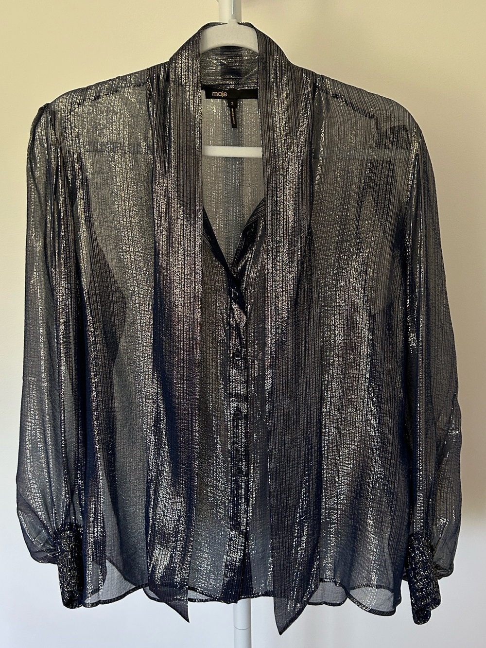 Maje Metallic Blue  Sheeru Button-Front Blouse
